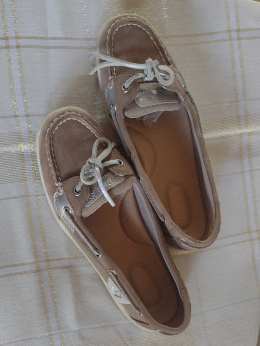 Sperry Women's Taupe Moccasin Boat Shoes with Silver Laces
